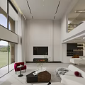 Modern Spacious Bright Living Dining Room With White Sofa Red Chair Floor to Ceiling Windows