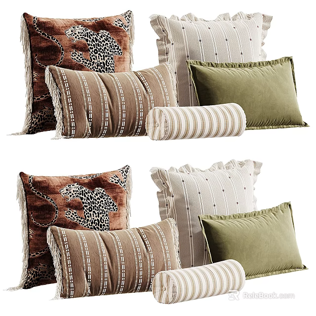 Velvet Throw Pillows With Fringe Leopard Print Striped Dotted Patterns Brown Green White 3d model 