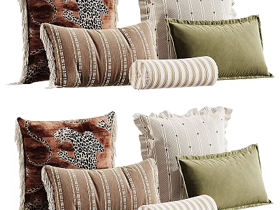 Velvet Throw Pillows With Fringe Leopard Print Striped Dotted Patterns Brown Green White 3d model