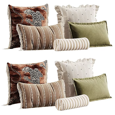 Velvet Throw Pillows With Fringe Leopard Print Striped Dotted Patterns Brown Green White 3d model