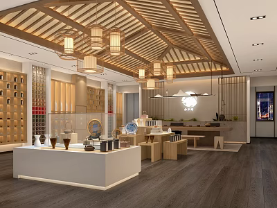 Sales Office Interior Design With Traditional Wooden Ceiling Lanterns And Display Counters 3d model