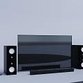 Modern Home Entertainment Electronics System with Flat Screen TV and Surround Sound Speakers