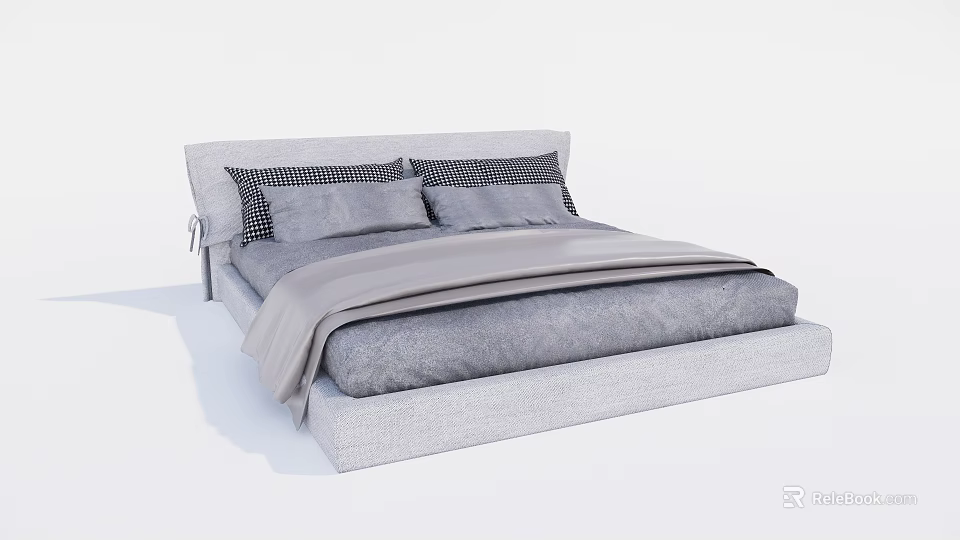 Modern Double Bed With Gray Upholstered Headboard Checkered Pillows And Gray Bedding 3d model