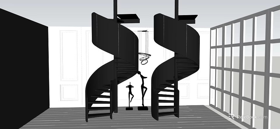 Black Symmetric Spiral Staircase in Modern Interior With Chandelier and Sculptures 3d model 