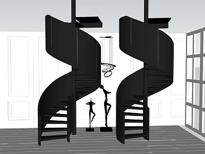 Black Symmetric Spiral Staircase in Modern Interior With Chandelier and Sculptures 3d model