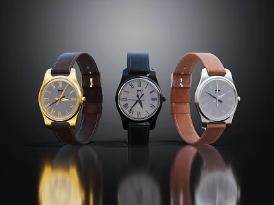 Stylish Watches With Gold Black Silver Dials And Brown Black Leather Straps 3d model