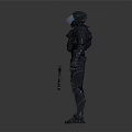 Futuristic Armored Character With Detailed Mechanical Armor And Blue Visor Holding Large Weapon