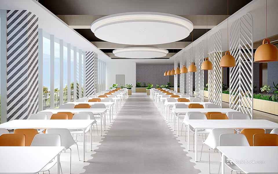 Modern Restaurant Interior With White Tables Orange Chairs Round Ceiling Lights And Large Windows 3d model 