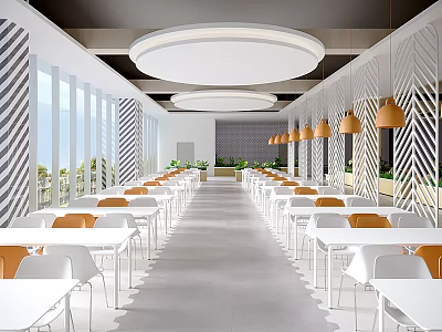 Modern Restaurant Interior With White Tables Orange Chairs Round Ceiling Lights And Large Windows 3d model