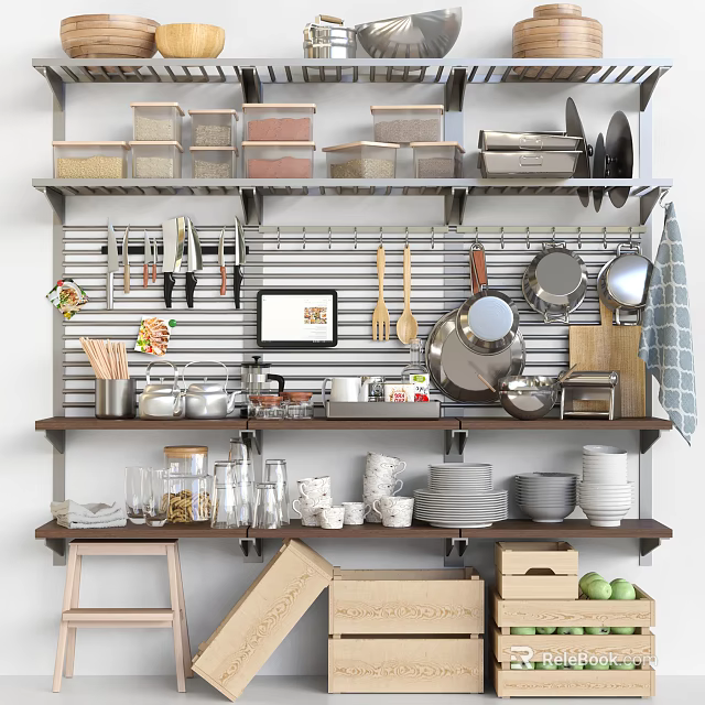 Organized Kitchen Interior With Hanging Pans Knives Bowls Mugs And Storage Shelves 3d model 