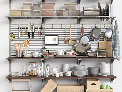 Organized Kitchen Interior With Hanging Pans Knives Bowls Mugs And Storage Shelves 3d model