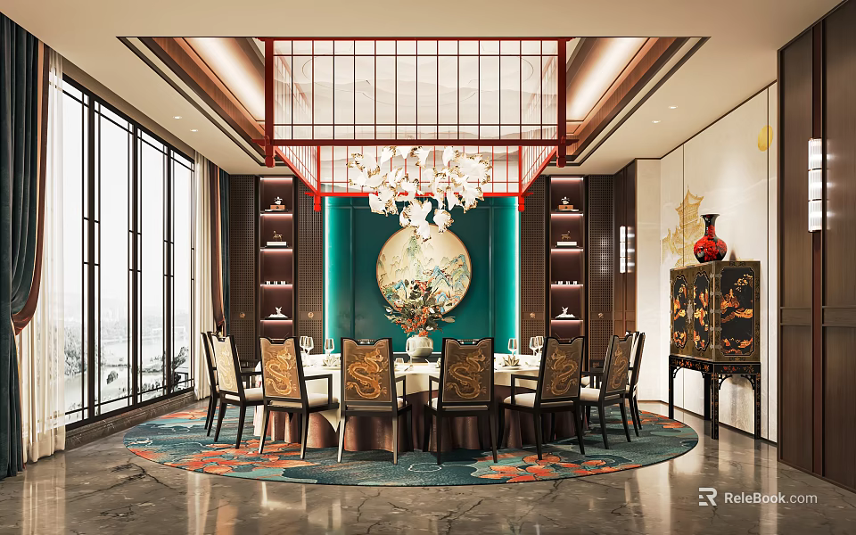 Chinese Style Private Dining Room With Red Lattice Circular Painting And Round Table 3d model 