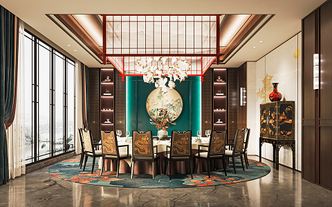 New Chinese Style Room Hotel Dining Box Dining Room Tea Table and Chair Box Art Chandelier Round Table and Chair 3d model