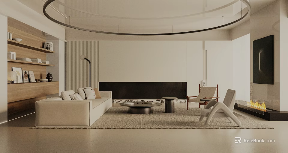 Modern Living Room Interior Design With White Sofa Round Coffee Table Floor Lamp And Fireplace 3d model 