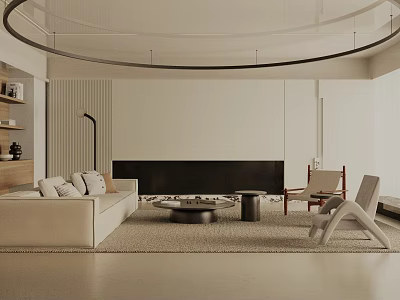 Modern Living Room Interior Design With White Sofa Round Coffee Table Floor Lamp And Fireplace 3d model