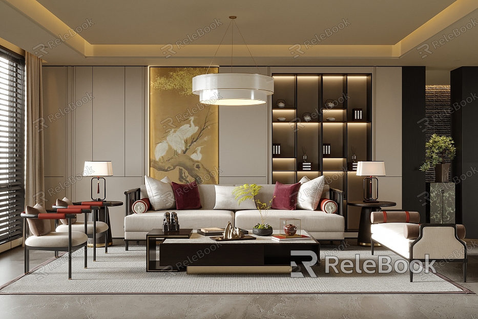 New Chinese Style Living Room Sofa Coffee Table Combination Coffee Table Chandelier Sofa Background Wall model