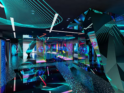 Futuristic Interior Space With Neon Lights Geometric Structures And Reflective Surfaces 3d model