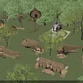 Wooden Houses With Thatched Roofs And Unique Designs In Lush Forest Setting
