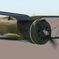 Vintage Green Biplane Fighter Plane Flying With Propeller In Blue Sky