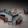 Modern Office Desk Chair Set With Curved Tabletop Red Caster Chairs And Privacy Dividers
