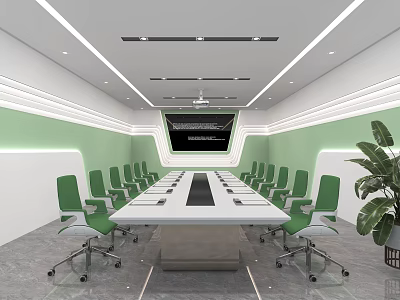 Modern Conference Room Interior Design With Long Table Green Chairs And Projection Screen 3d model