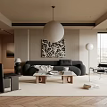Modern Living Room Interior Design With Gray Sofa Black Chairs And Round Pendant Light