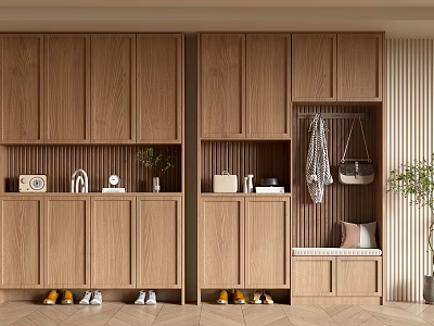 Modern Wooden Shoe Cabinet With Storage Cabinets Bench Clothing Hanging Area And Decorative Plant 3d model
