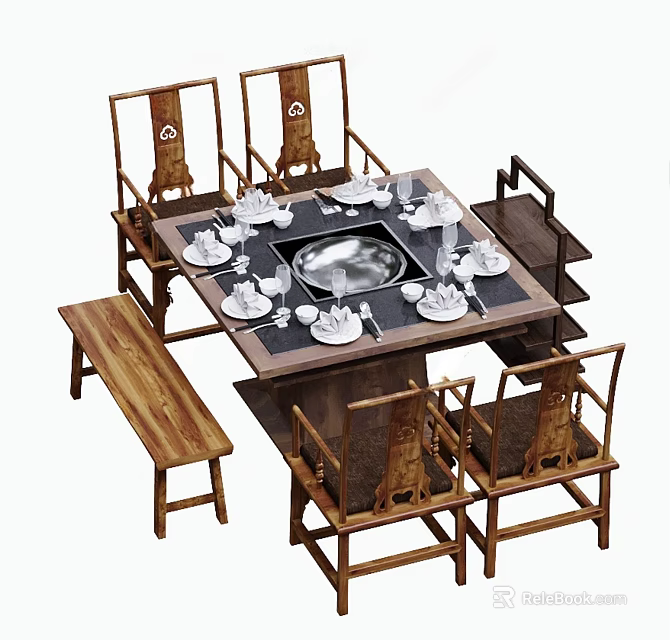 Chinese Style Dining Table With Hot Pot Wooden Chairs Bench And Tableware Setting 3d model