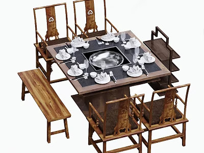 Chinese Style Dining Table With Hot Pot Wooden Chairs Bench And Tableware Setting 3d model