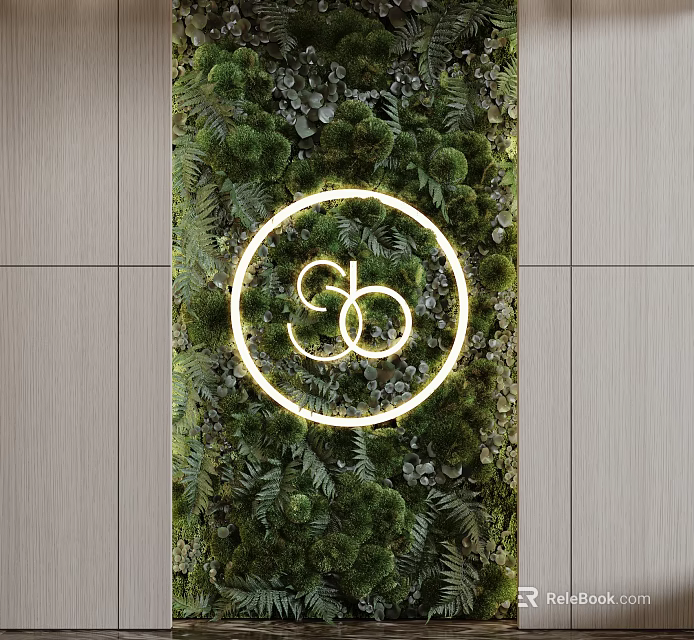 Lush Greenery Wall With Illuminated Circular Ring Logo Between Light Panels 3d model 