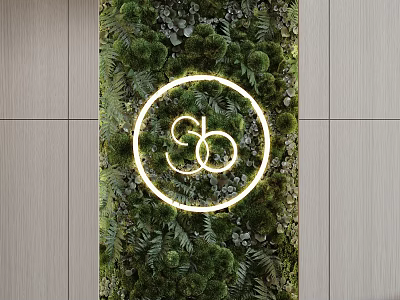 Lush Greenery Wall With Illuminated Circular Ring Logo Between Light Panels 3d model