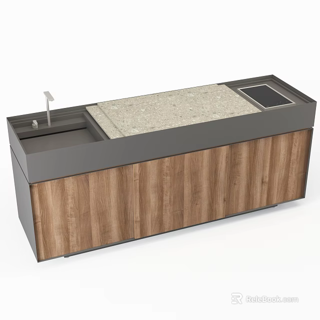 Modern Kitchen Cabinets With Wooden Panels Stone Countertop Sink And Appliance Area 3d model 