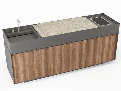 Modern Kitchen Cabinets With Wooden Panels Stone Countertop Sink And Appliance Area 3d model