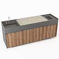 Modern Kitchen Cabinets With Wooden Panels Stone Countertop Sink And Appliance Area