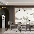 Modern Elegant Restaurant Interior With Dining Table Chairs Large Decorative Wall Art And Wooden Floor