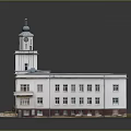 Detailed Scenic View of White Building with Clock Tower Blue Roof Steps and Green Lawn