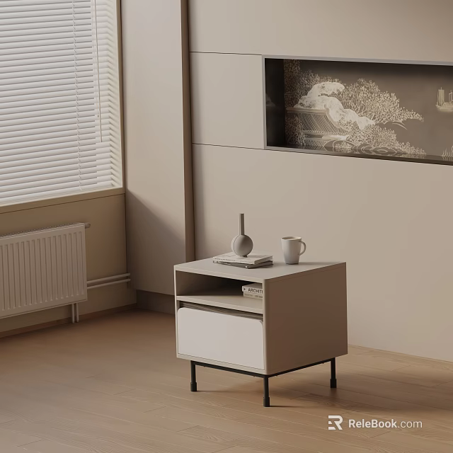 Beige Nightstand With Drawer Vase Mug Book Near Window Blinds And Decorative Painting 3d model 