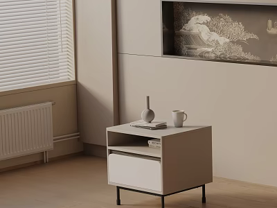 Beige Nightstand With Drawer Vase Mug Book Near Window Blinds And Decorative Painting 3d model