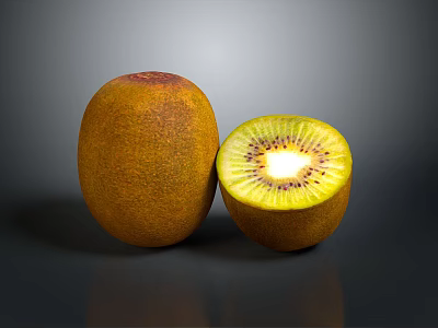 Kiwi Fruit Whole And Half Cut With Green Flesh Black Seeds Yellow Center 3d model