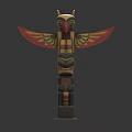 Traditional Totem Poles With Colorful Eagle And Facial Carvings Decorations