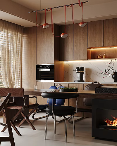 Modern Dining and Living Room Interior With Wooden Table Pendant Light And Open Layout 3d model