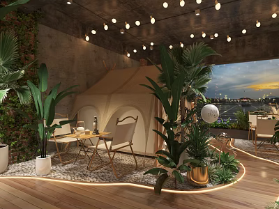 Tent Themed Restaurant Interior With Green Plants String Lights And City Sunset View 3d model