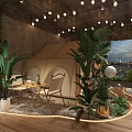 Tent Themed Restaurant Interior With Green Plants String Lights And City Sunset View