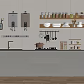 White Cabinets In Modern Kitchen With Wooden Shelves Stove Sink Spice Jars And Bowls