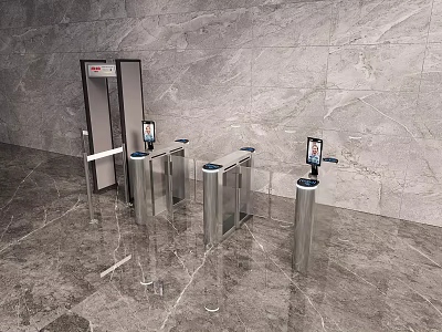 Modern Public Access Control Turnstiles with Silver Pedestals Screens on Marble Floor and Gray Wall 3d model