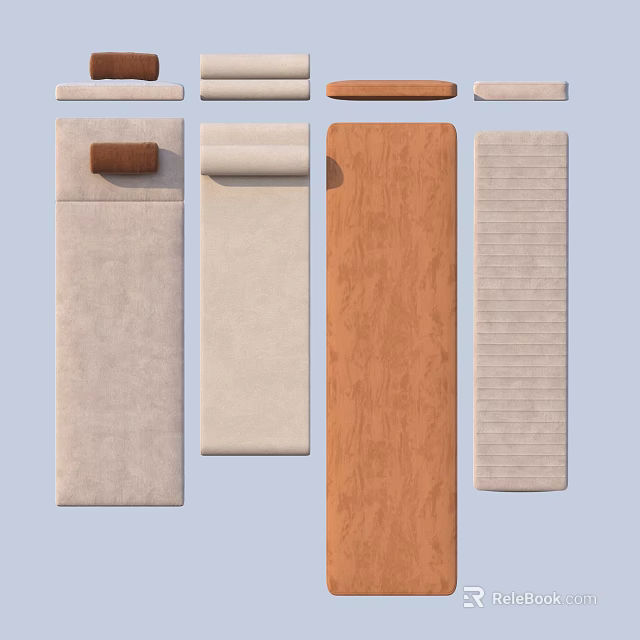 Different Household Mats In Beige Light Brown With Wooden Striped Textures And Small Brown Pillow 3d model 