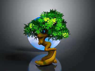 Decorative Tree with Curved Trunk and Green Leaves Yellow Leaf Accents Against Blue Circular Background 3d model