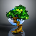 Decorative Tree with Curved Trunk and Green Leaves Yellow Leaf Accents Against Blue Circular Background