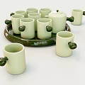 Light Green Ceramic Teapot And Mugs With Small Handles On Tray 3d model