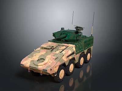 Armored Military Vehicle with Camouflage Paint 8x8 Wheel Design Mounted Turret Weapon and Communication Antennas 3d model
